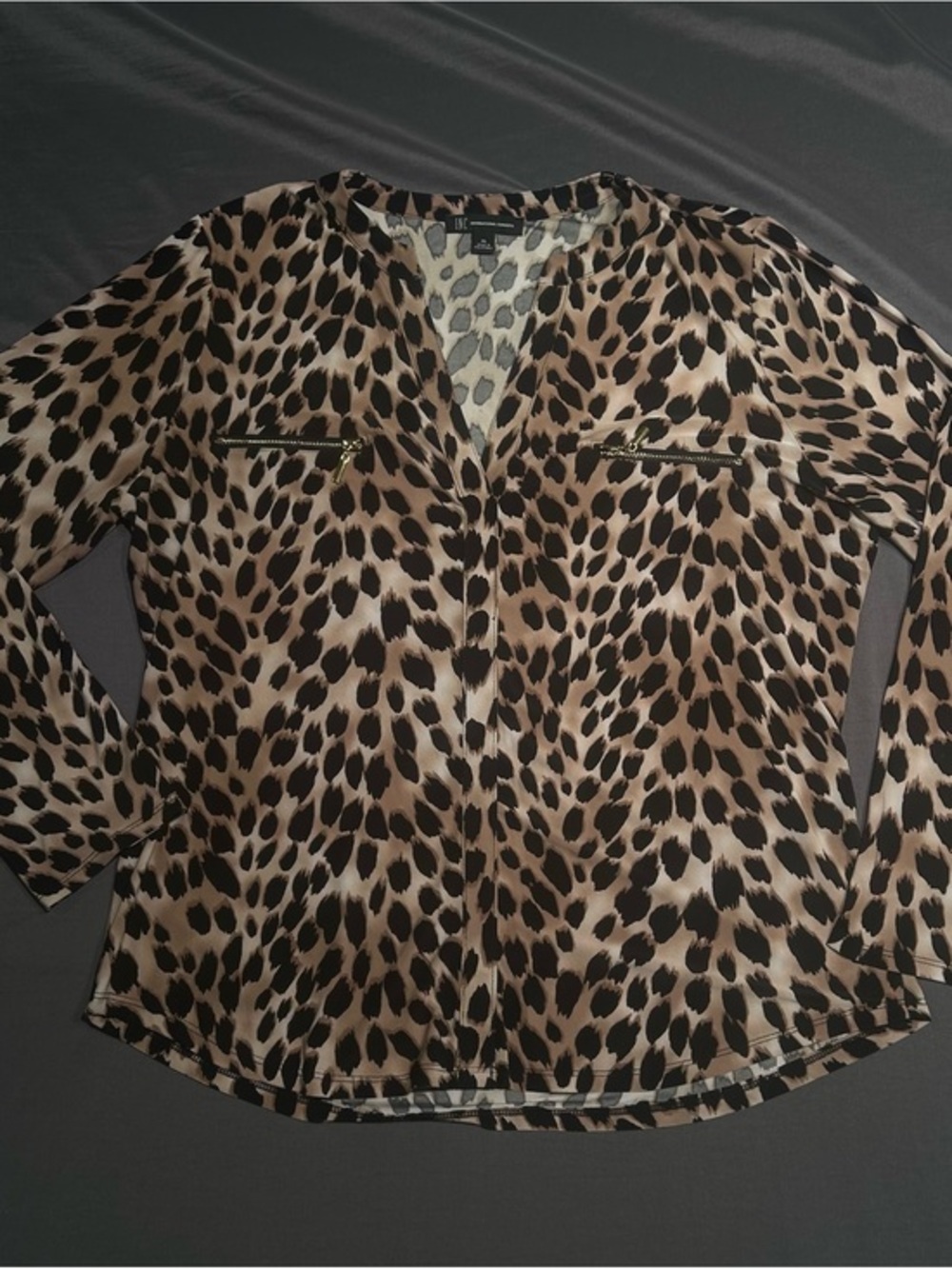 INC Animal Print Leopard Spot V-Neck Top With Gold Zip Accents